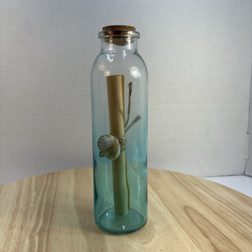 Blue Clear Glass Decorative Message Bottle Cork Stopper Scroll & Shell, Nautical